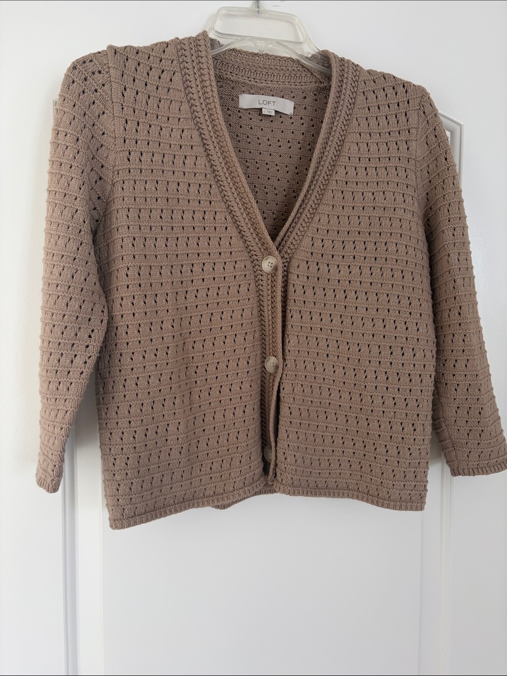 LOFT Taupe Crochet Openwork Button-Front Cardigan